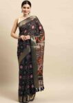Navy Blue Kalamkari Digital Print Cotton Blend Saree Set