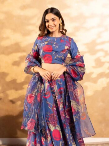 Blue Printed Heavy Airtex Chinon Lehenga Set