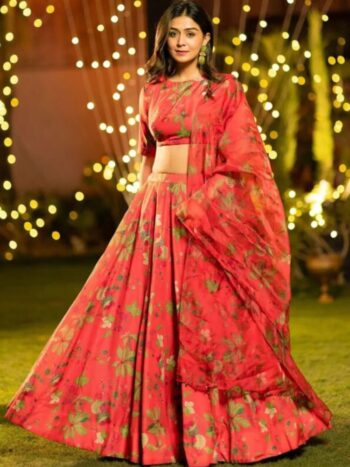 Red Printed Heavy Airtex Chinon Lehenga Set