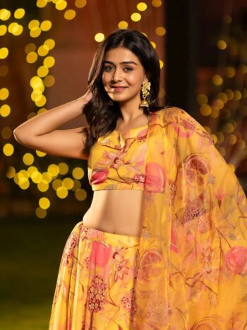 Mustard Printed Heavy Airtex Chinon Lehenga Set
