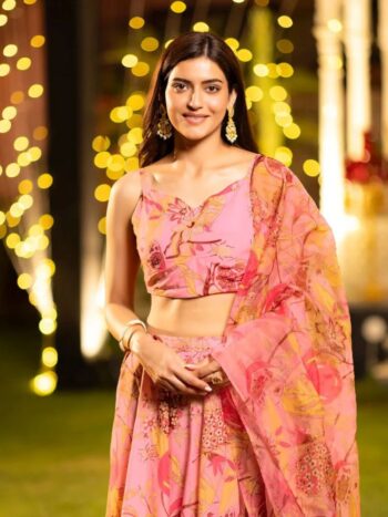 Pink Printed Heavy Airtex Chinon Lehenga Set