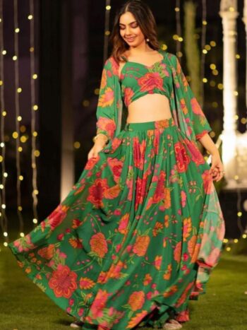 Green Printed Heavy Airtex Chinon Lehenga Set