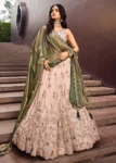 Beige Green Embroidered Viscose Designer Lehenga with Green Dupatta.