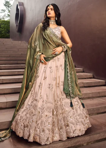 Beige Green Embroidered Viscose Designer Lehenga with Green Dupatta.