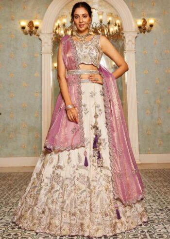 Cream & Purple Viscose Embroidered Designer Lehenga Choli