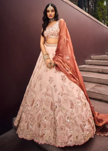 Cream Embroidered Viscose Designer Lehenga with Rose Gold Dupatta.