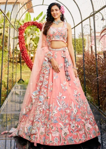 Orange Color Organza Golden Silver Sequin,Threaded,Zarkan Embroidered Semi-Stitched Lehenga choli