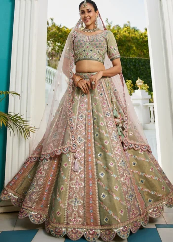 Lavender Bridal Net Multi-Color Gotta Patti,Sequins, Moti, Mirror and Thread embroidery Semi-Stitched Lehenga Choli