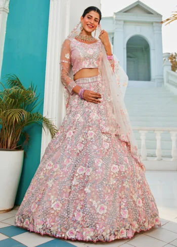 Grey Floral Embroiderey Multi-Sequins, Mirror and thread Embroidered Net Semi-Stitched Lehenga Choli