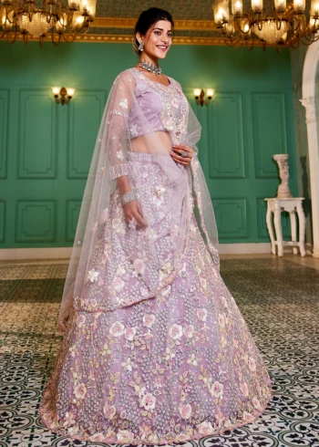 Mauve Net Sequins & Zarkan Embroidered Bridal Lehenga Choli