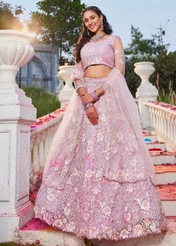 Pink Floral Embroiderey Multi-Sequins, Mirror and thread Embroidered Net Semi-Stitched Lehenga Choli