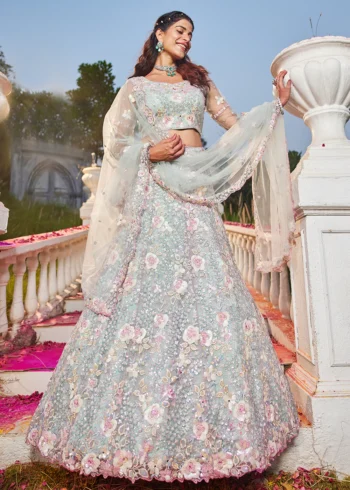 Seagreen Floral Embroiderey Multi-Sequins, Mirror and thread Embroidered Net Semi-Stitched Lehenga Choli