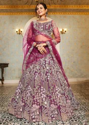 Burgundy Semi-Stitched Net Lehenga Choli with Zarkan & Mirror Embroidery and Multi-Color Sequin Work