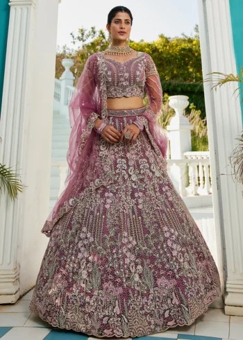 Lavender Semi-Stitched Net Lehenga Choli with Zarkan & Mirror Embroidery and Multi-Color Sequin Work
