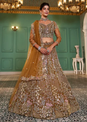 Mustard Semi-Stitched Net Lehenga Choli with Zarkan & Mirror Embroidery and Multi-Color Sequin Work.