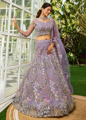 Mauve Semi-Stitched Net Lehenga Choli with Zarkan & Mirror Embroidery and Multi-Color Sequin Work