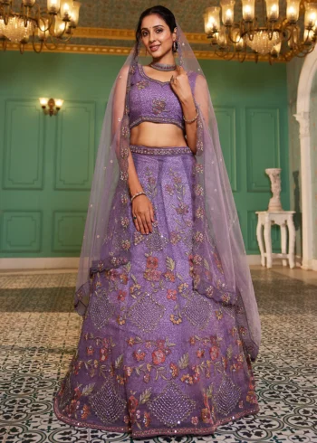 Lavender Net Embroidered using Thread, Coding, Sequins, Zarkan, Mirror Work Semi-Stitched Lehenga Choli