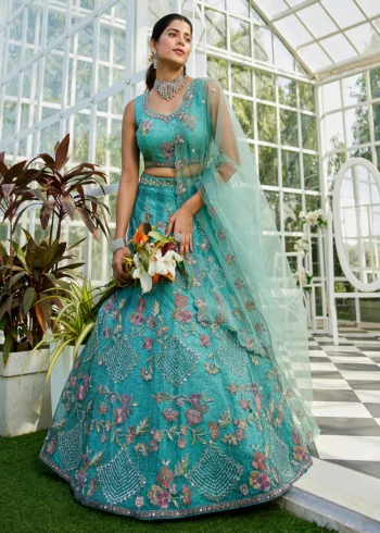 Limegreen Net Embroidered using Thread, Coding, Sequins, Zarkan, Mirror Work Semi-Stitched Lehenga Choli