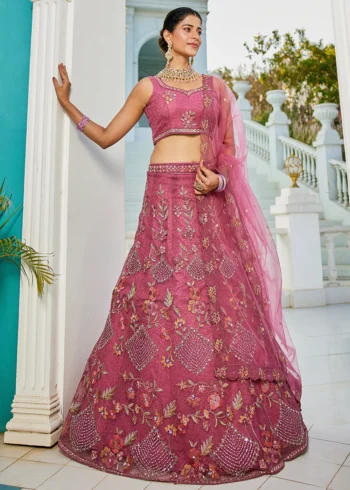 Pink Net Embroidered using Thread, Coding, Sequins, Zarkan, Mirror Work Semi-Stitched Lehenga Choli