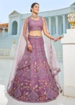 Purple Net Embroidered using Thread, Coding, Sequins, Zarkan, Mirror Work Semi-Stitched Lehenga Choli