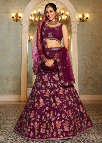 Burgundy Floral Embroidered using Thread, Coding, Sequins, Zarkan, Mirror Work Net Semi-Stitched Lehenga Choli Set