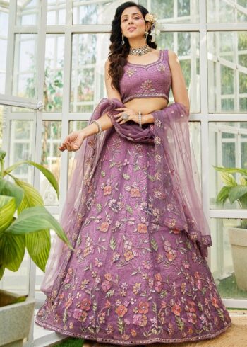 Lavender Floral Embroidered using Thread, Coding, Sequins, Zarkan, Mirror Work Net Semi-Stitched Lehenga Choli