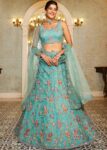 Limegreen Floral Embroidered using Thread, Coding, Sequins, Zarkan, Mirror Work Net Semi-Stitched Lehenga Choli