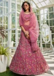 Pink Floral Embroidered using Thread, Coding, Sequins, Zarkan, Mirror Work Net Semi-Stitched Lehenga Choli Set