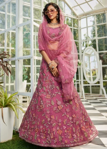 Pink Floral Embroidered using Thread, Coding, Sequins, Zarkan, Mirror Work Net Semi-Stitched Lehenga Choli Set