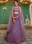 Purple Floral Embroidered using Thread, Coding, Sequins, Zarkan, Mirror Work Net Semi-Stitched Lehenga Choli