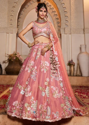 Pink Net Fabric Sequinse embroidery Semi-Stitched Lehenga choli & Dupatta