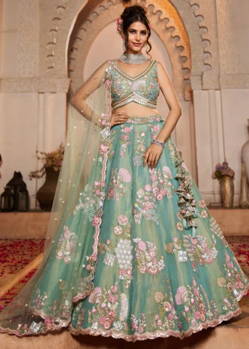 Seagreen Net Fabric Sequinse embroidery Semi-Stitched Lehenga choli & Dupatta