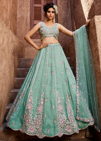 Seagreen Color Tissue Fabric Sequinse embroidery Semi-Stitched Lehenga choli & Dupatta