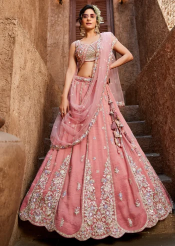 Pink Color Tissue Fabric Sequinse embroidery Semi-Stitched Lehenga choli & Dupatta