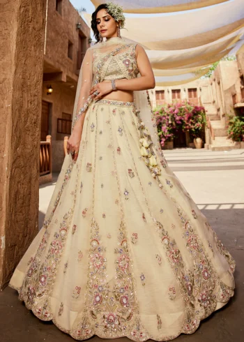 Cream Color Tissue Fabric Sequinse embroidery Semi-Stitched Lehenga choli & Dupatta