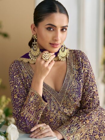 Purple color Heavy Embroidered Wedding Wear Palazzo Suit.