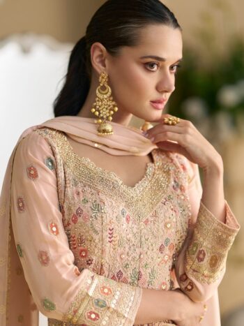 Peach color Heavy Embroidered Wedding Wear Palazzo Suit.