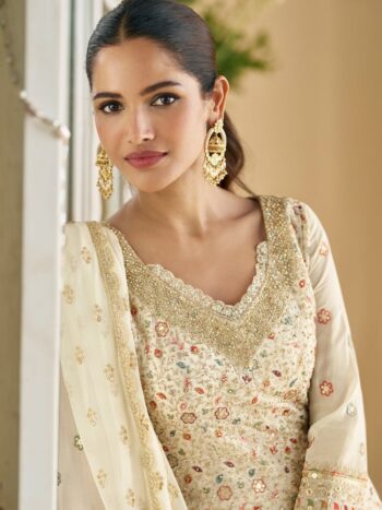 Off White Heavy Embroidered Wedding Wear Palazzo Suit