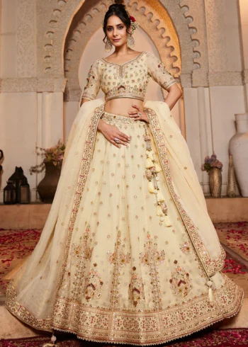 Cream Color Tissue Fabric Sequinse embroidery Semi-Stitched Lehenga choli & Dupatta