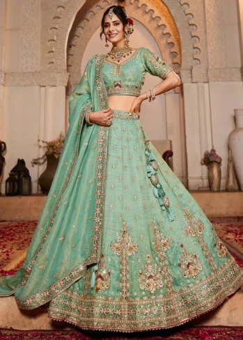 Limegreen Color Tissue Fabric Sequinse embroidery Semi-Stitched Lehenga choli & Dupatta