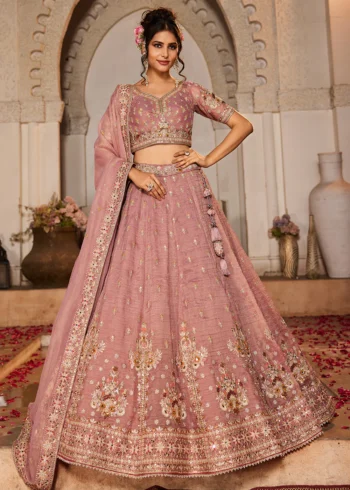 Pink Color Tissue Fabric Sequinse embroidery Semi-Stitched Lehenga choli & Dupatta