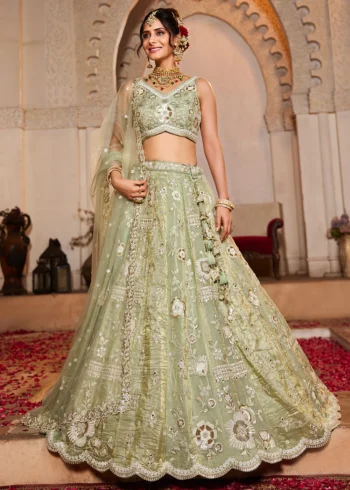 Limegreen Color Tissue Fabric Sequinse embroidery Semi-Stitched Lehenga choli & Dupatta