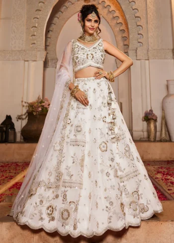Off White Color Tissue Fabric Sequinse embroidery Semi-Stitched Lehenga choli & Dupatta.