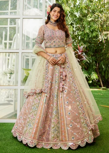 Limegreen Bridal Net Multi-Color Gotta Patti,Sequins, Moti, Mirror and Thread embroidery Semi-Stitched Lehenga Choli
