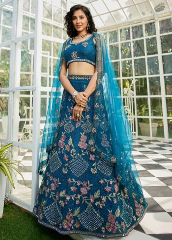 Navy Blue Net Embroidered using Thread, Coding, Sequins, Zarkan, Mirror Work Semi-Stitched Lehenga Choli
