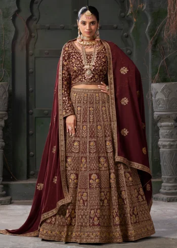 Georgette Dark Maroon Embroidered A Line Lehenga Choli set