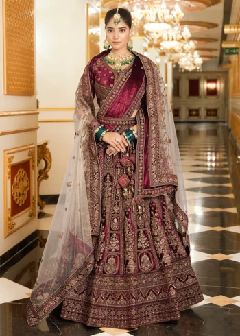 Luxurious Bridal Special Maroon color Lycra Velvet Lehenga Choli With Double Dupatta