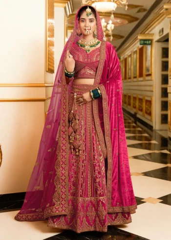 Luxurious Bridal Special Rani color Lycra Velvet Lehenga Choli With Double Dupatta