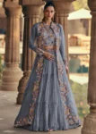 Grey Georgette Multi-Thread Embroidered Bustier-Skirt with Cape 3-Piece Set