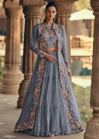 Grey Georgette Multi-Thread Embroidered Bustier-Skirt with Cape 3-Piece Set